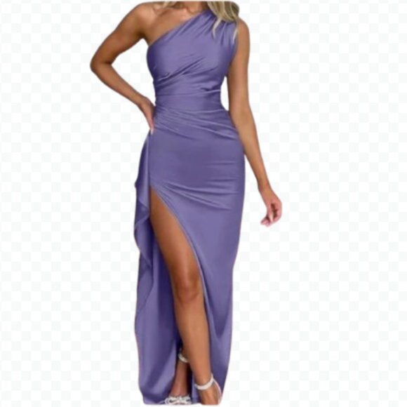 NWT (L) Memoriesea Women's Sexy One Shoulder High Split Lavendar Gown - Picture 1 of 4